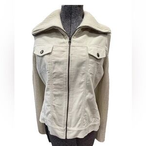 By Design Sport size LG 1970s ivory cotton/corduroy acrylic knit‎ jacket zip up